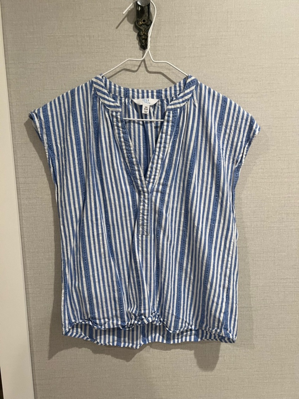 Time and Tru Blue and White Vertical Stripe Split-Neck Cap Sleeve Top